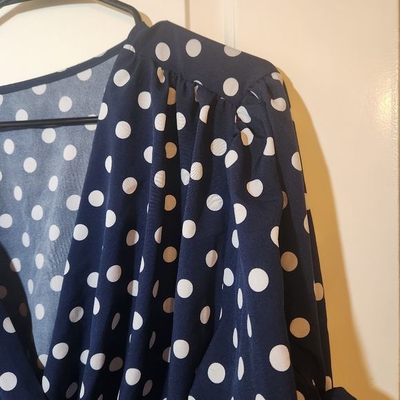 Knotted Cuff Blue and White Polka Dot Blouse Plus - Picture 4 of 6